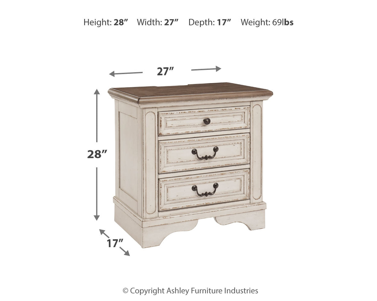 Realyn Queen Upholstered Panel Bed with Mirrored Dresser and 2 Nightstands in Chipped White - PKG007889