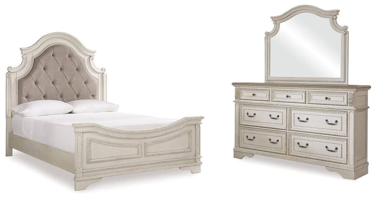 Realyn Queen Upholstered Panel Bed with Mirrored Dresser in Chipped White - PKG000714