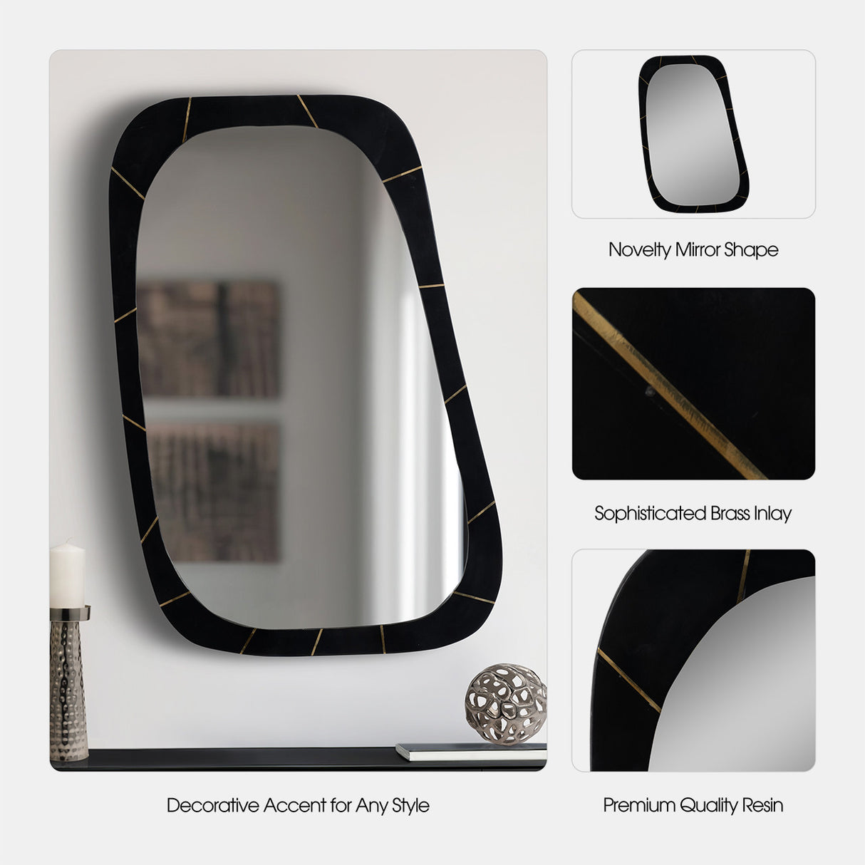 Resin,36x21,brass Inlay Mirror,black - 17810