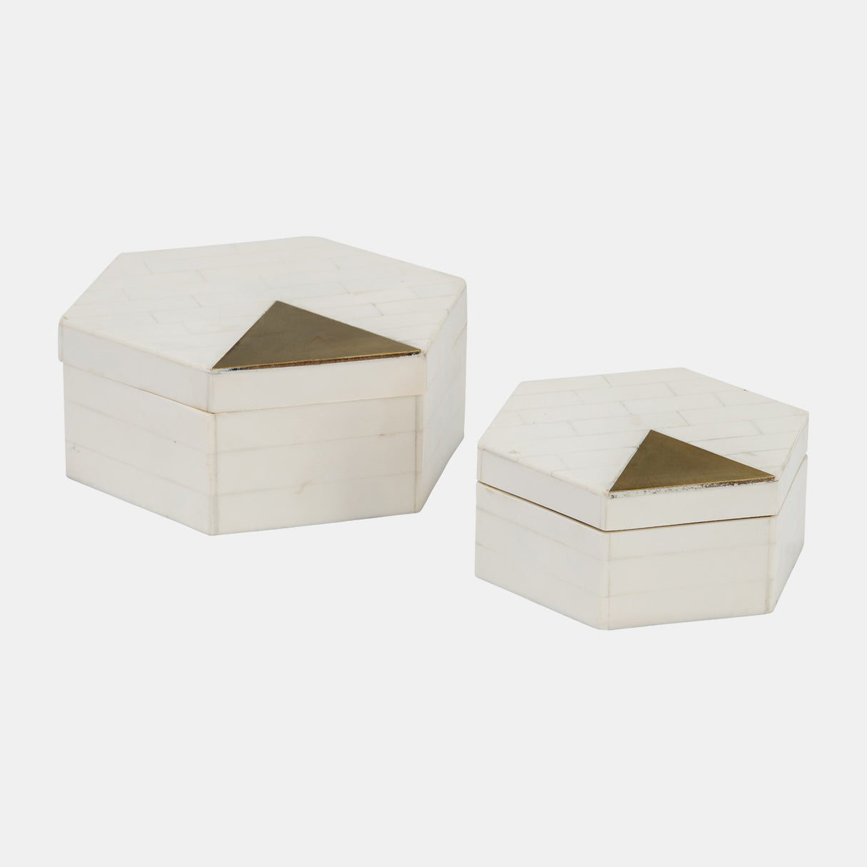 Resin, S/2 5/7" Hxgon Boxes W/brass Inlay, Wht/gld from Sagebrook Home - Luna Furniture