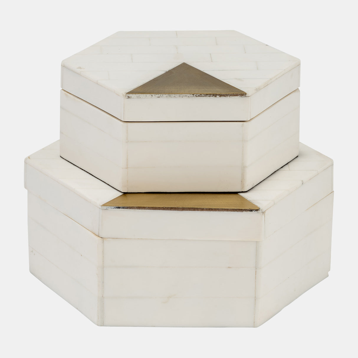 Resin, S/2 5/7" Hxgon Boxes W/brass Inlay, Wht/gld from Sagebrook Home - Luna Furniture