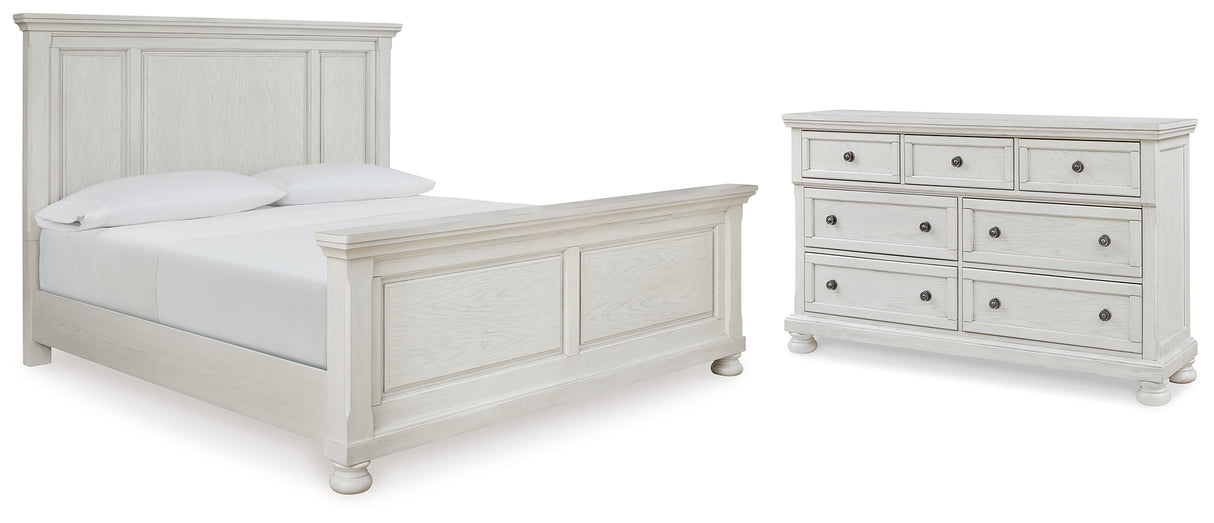 Robbinsdale California King Panel Bed with Dresser in Antique White - PKG010765