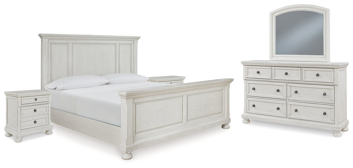 Robbinsdale California King Panel Bed with Mirrored Dresser and 2 Nightstands in Antique White - PKG010767