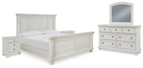 Robbinsdale California King Panel Bed with Mirrored Dresser and 2 Nightstands in Antique White - PKG010767