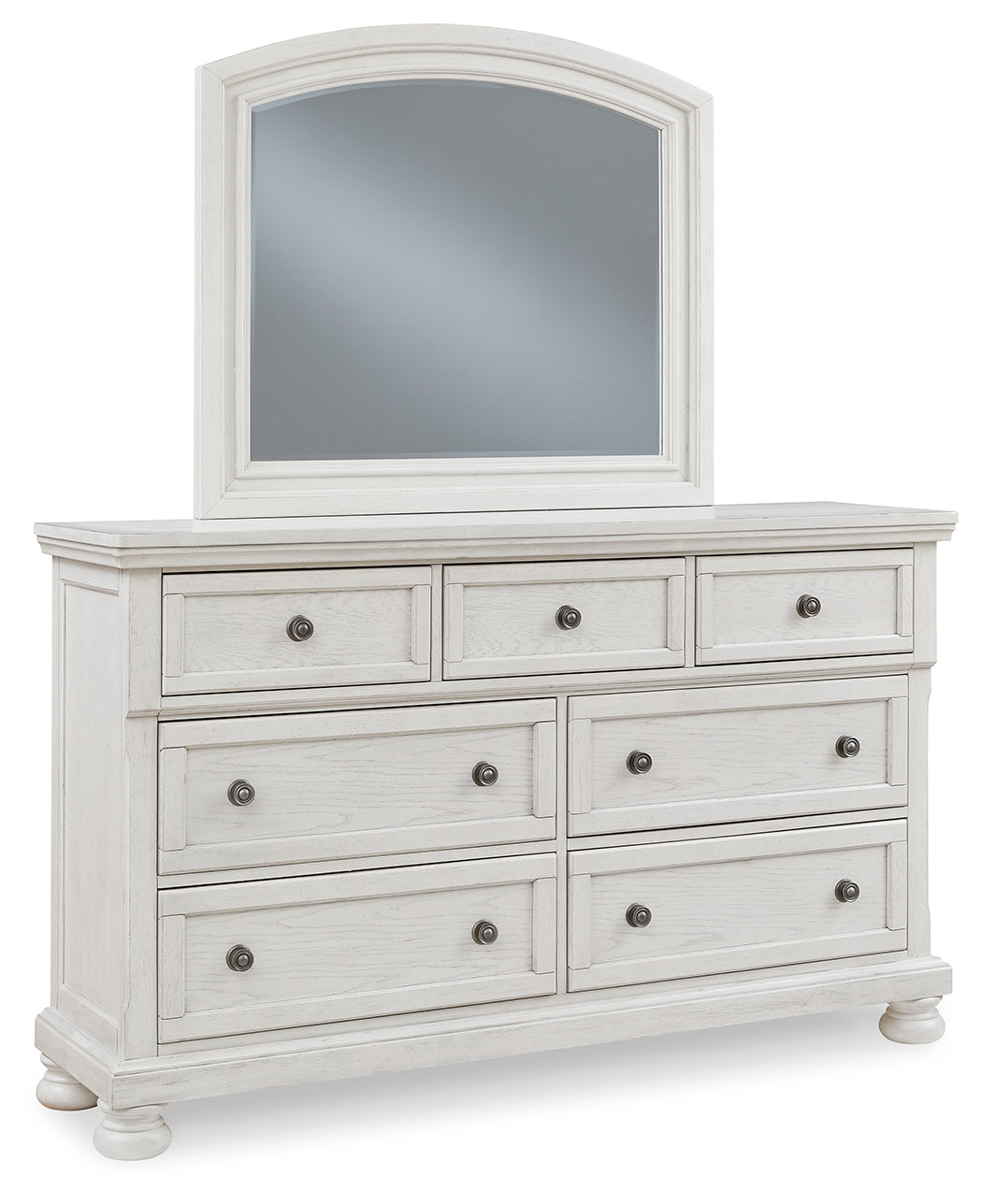 Robbinsdale California King Panel Bed with Mirrored Dresser and 2 Nightstands in Antique White - PKG010767