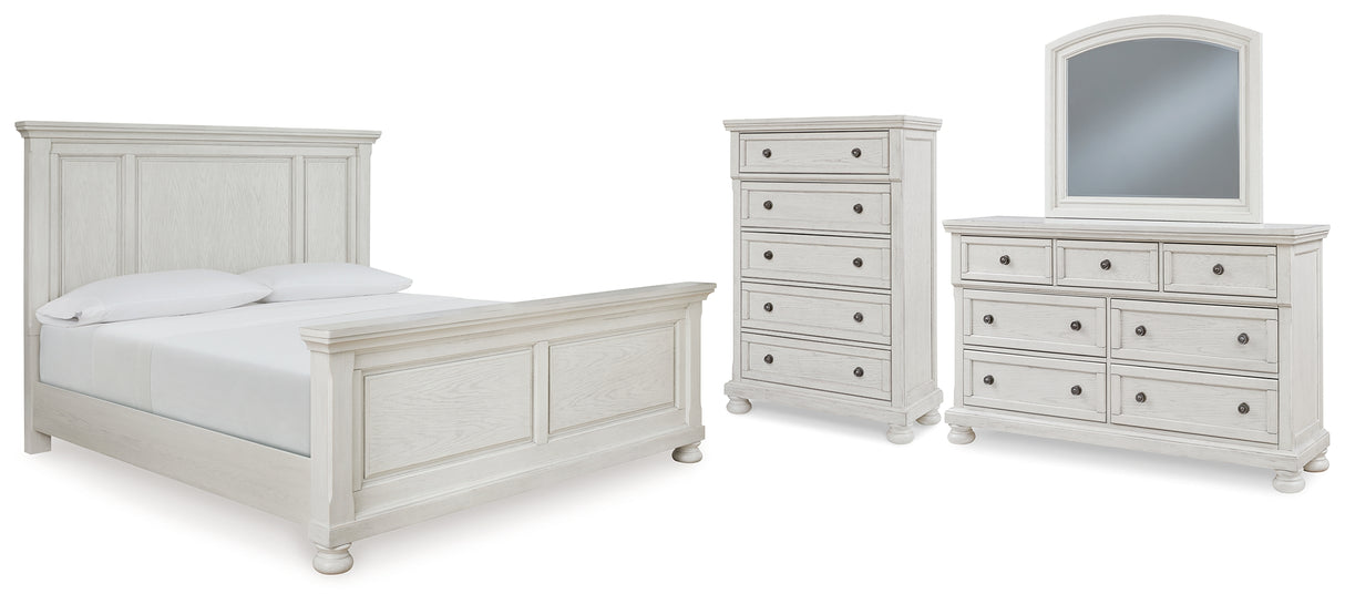 Robbinsdale California King Panel Bed with Mirrored Dresser and Chest in Antique White - PKG010768