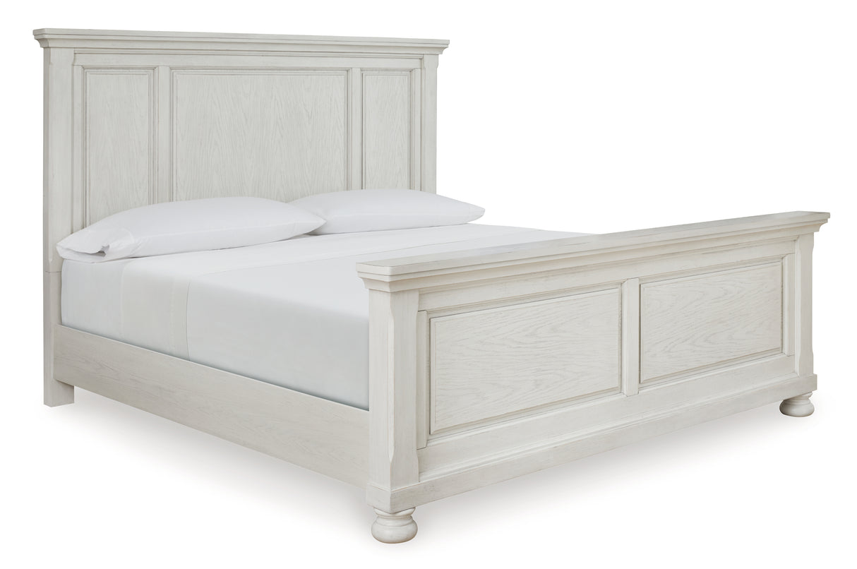 Robbinsdale California King Panel Bed with Mirrored Dresser, Chest and 2 Nightstands in Antique White - PKG010770