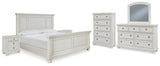 Robbinsdale California King Panel Bed with Mirrored Dresser, Chest and 2 Nightstands in Antique White - PKG010770