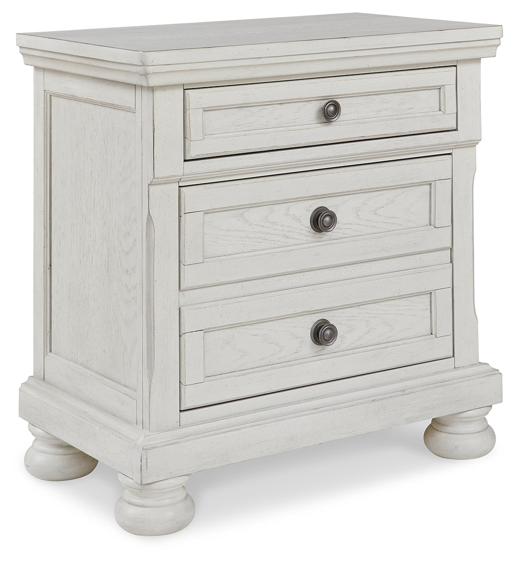 Robbinsdale California King Panel Bed with Mirrored Dresser, Chest and 2 Nightstands in Antique White - PKG010770