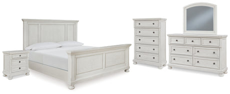 Robbinsdale California King Panel Bed with Mirrored Dresser, Chest and Nightstand in Antique White - PKG010769