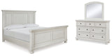 Robbinsdale California King Panel Bed with Mirrored Dresser in Antique White from Ashley - Luna Furniture