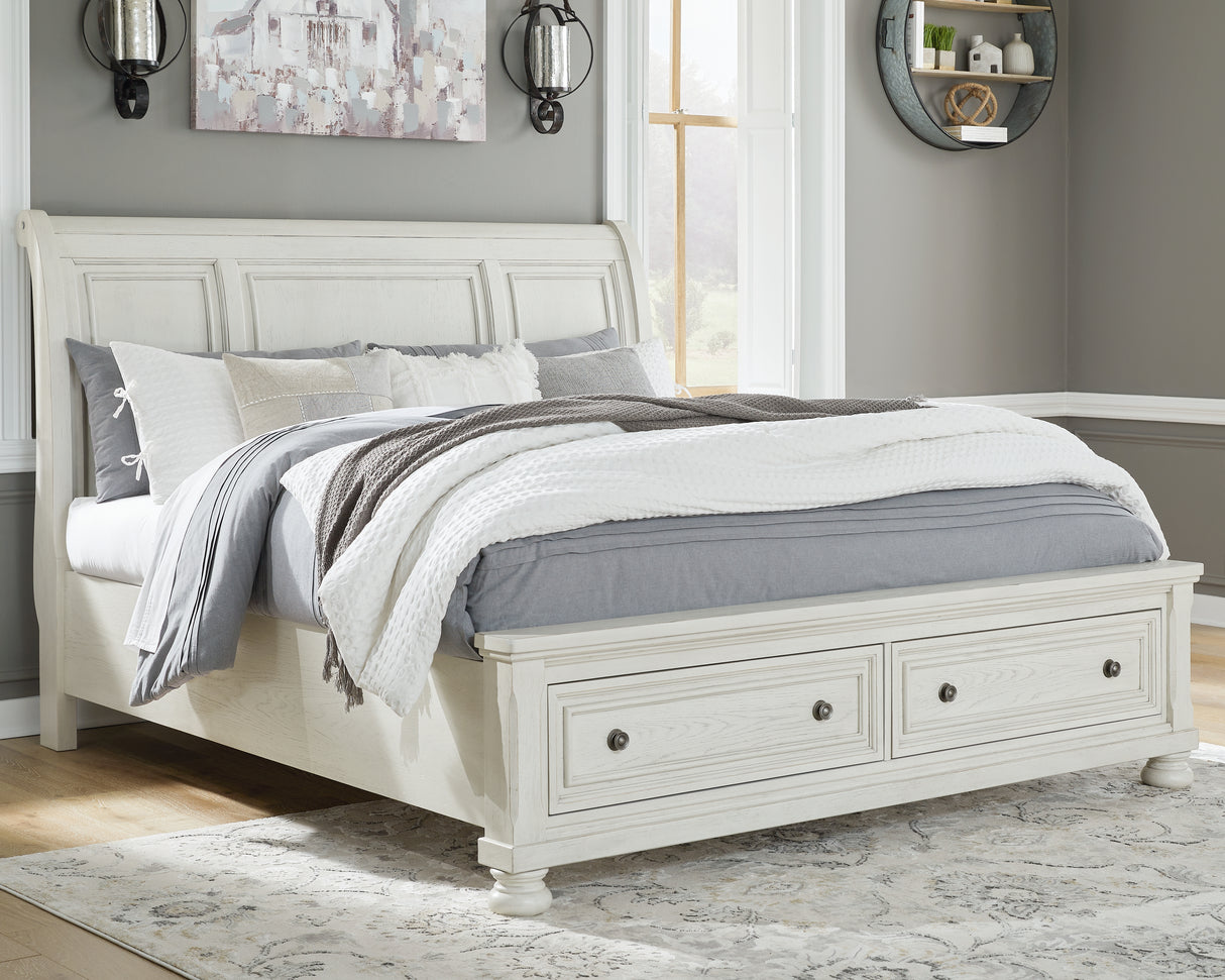 Robbinsdale California King Sleigh Bed with Storage with Dresser in Antique White - PKG010777