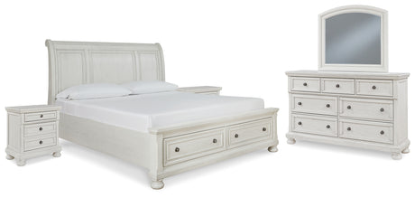 Robbinsdale California King Sleigh Bed with Storage with Mirrored Dresser and 2 Nightstands in Antique White - PKG010779