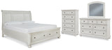 Robbinsdale California King Sleigh Bed with Storage with Mirrored Dresser and Chest in Antique White - PKG010780