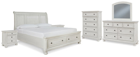 Robbinsdale California King Sleigh Bed with Storage with Mirrored Dresser, Chest and 2 Nightstands in Antique White - PKG010782