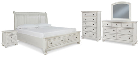 Robbinsdale California King Sleigh Bed with Storage with Mirrored Dresser, Chest and Nightstand in Antique White - PKG010781