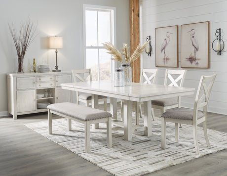 Robbinsdale Dining Table and 4 Chairs and Bench with Storage in Antique White - PKG020817