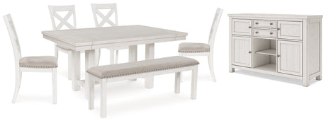 Robbinsdale Dining Table and 4 Chairs and Bench with Storage in Antique White - PKG020817