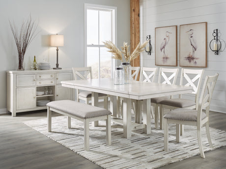 Robbinsdale Dining Table and 6 Chairs and Bench with Storage in Antique White - PKG020818