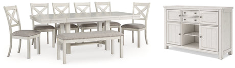 Robbinsdale Dining Table and 6 Chairs and Bench with Storage in Antique White - PKG020818