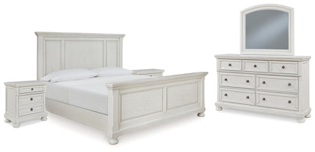 Robbinsdale King Panel Bed with Mirrored Dresser and 2 Nightstands in Antique White from Ashley - Luna Furniture