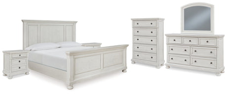 Robbinsdale King Panel Bed with Mirrored Dresser, Chest and 2 Nightstands in Antique White from Ashley - Luna Furniture