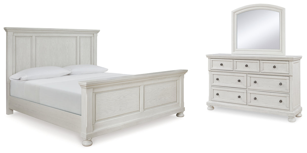 Robbinsdale King Panel Bed with Mirrored Dresser in Antique White from Ashley - Luna Furniture