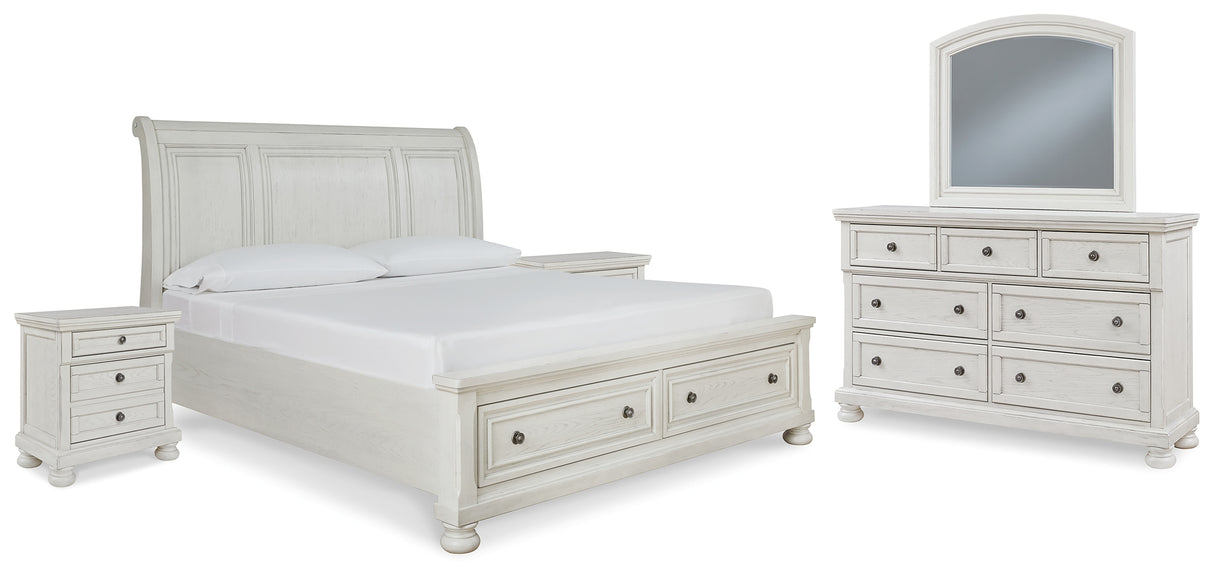 Robbinsdale King Sleigh Bed with Storage with Mirrored Dresser and 2 Nightstands in Antique White - PKG010773