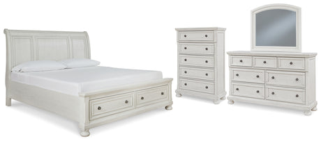 Robbinsdale King Sleigh Bed with Storage with Mirrored Dresser and Chest in Antique White - PKG010774