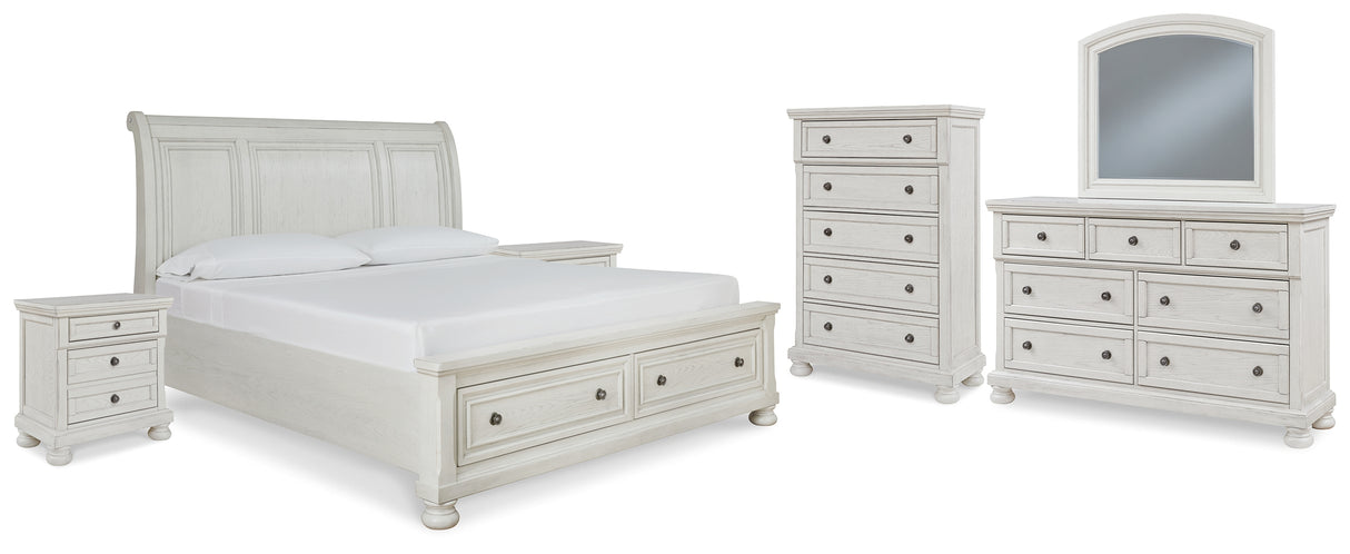 Robbinsdale King Sleigh Bed with Storage with Mirrored Dresser, Chest and 2 Nightstands in Antique White - PKG010776