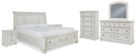 Robbinsdale King Sleigh Bed with Storage with Mirrored Dresser, Chest and 2 Nightstands in Antique White - PKG010776