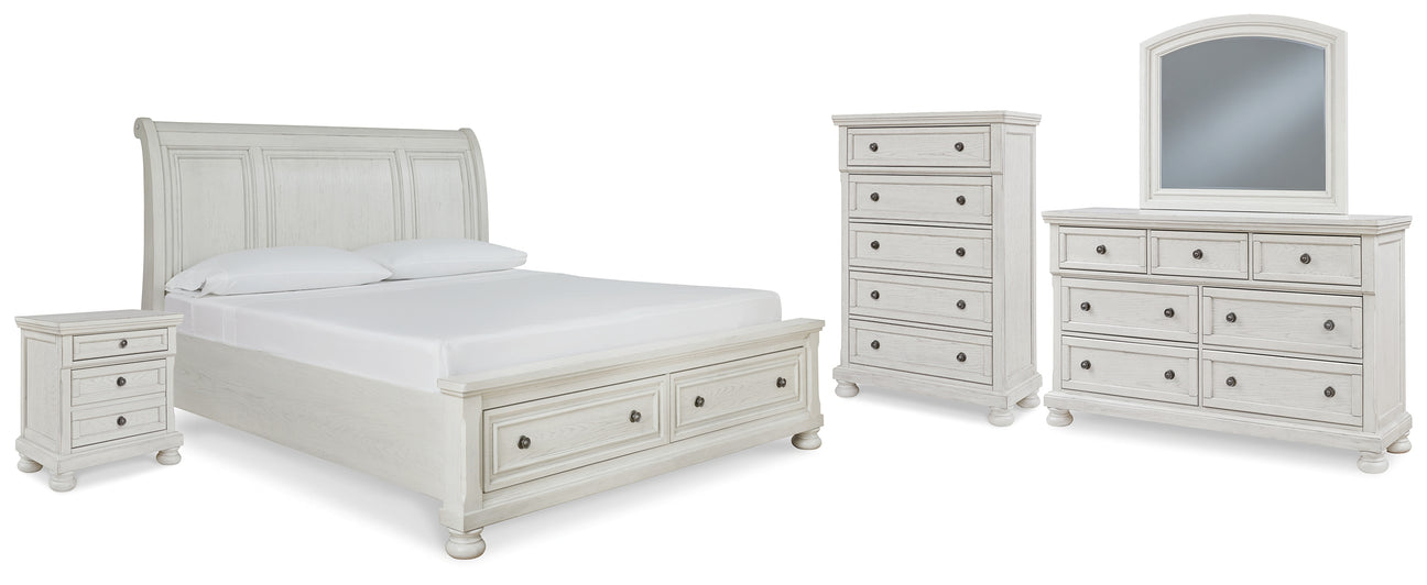 Robbinsdale King Sleigh Bed with Storage with Mirrored Dresser, Chest and Nightstand in Antique White - PKG010775