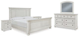 Robbinsdale Queen Panel Bed with Mirrored Dresser and 2 Nightstands in Antique White - PKG010749