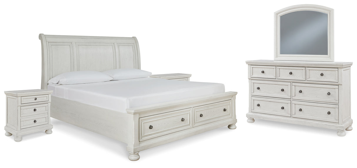 Robbinsdale Queen Sleigh Bed with Storage with Mirrored Dresser and 2 Nightstands in Antique White - PKG010755