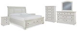 Robbinsdale Queen Sleigh Bed with Storage with Mirrored Dresser, Chest and 2 Nightstands in Antique White - PKG010758