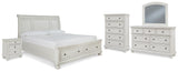 Robbinsdale Queen Sleigh Bed with Storage with Mirrored Dresser, Chest and Nightstand in Antique White - PKG010757