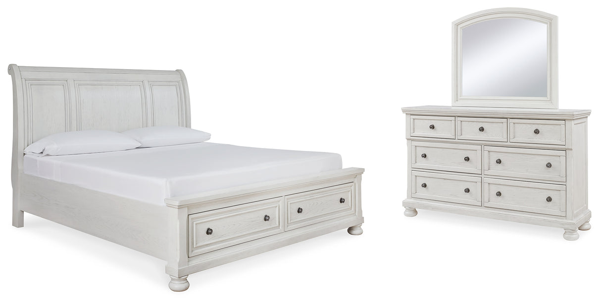 Robbinsdale Queen Sleigh Bed with Storage with Mirrored Dresser in Antique White from Ashley - Luna Furniture