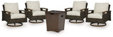 Rodeway South Outdoor Fire Pit Table and 4 Chairs in Brown - PKG015424