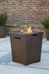 Rodeway South Outdoor Fire Pit Table and 4 Chairs in Brown - PKG015424