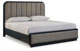 Rowanbeck California King Upholstered Panel Bed with Mirrored Dresser in Gray/Black - PKG018802