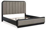 Rowanbeck California King Upholstered Panel Bed with Mirrored Dresser in Gray/Black - PKG018802