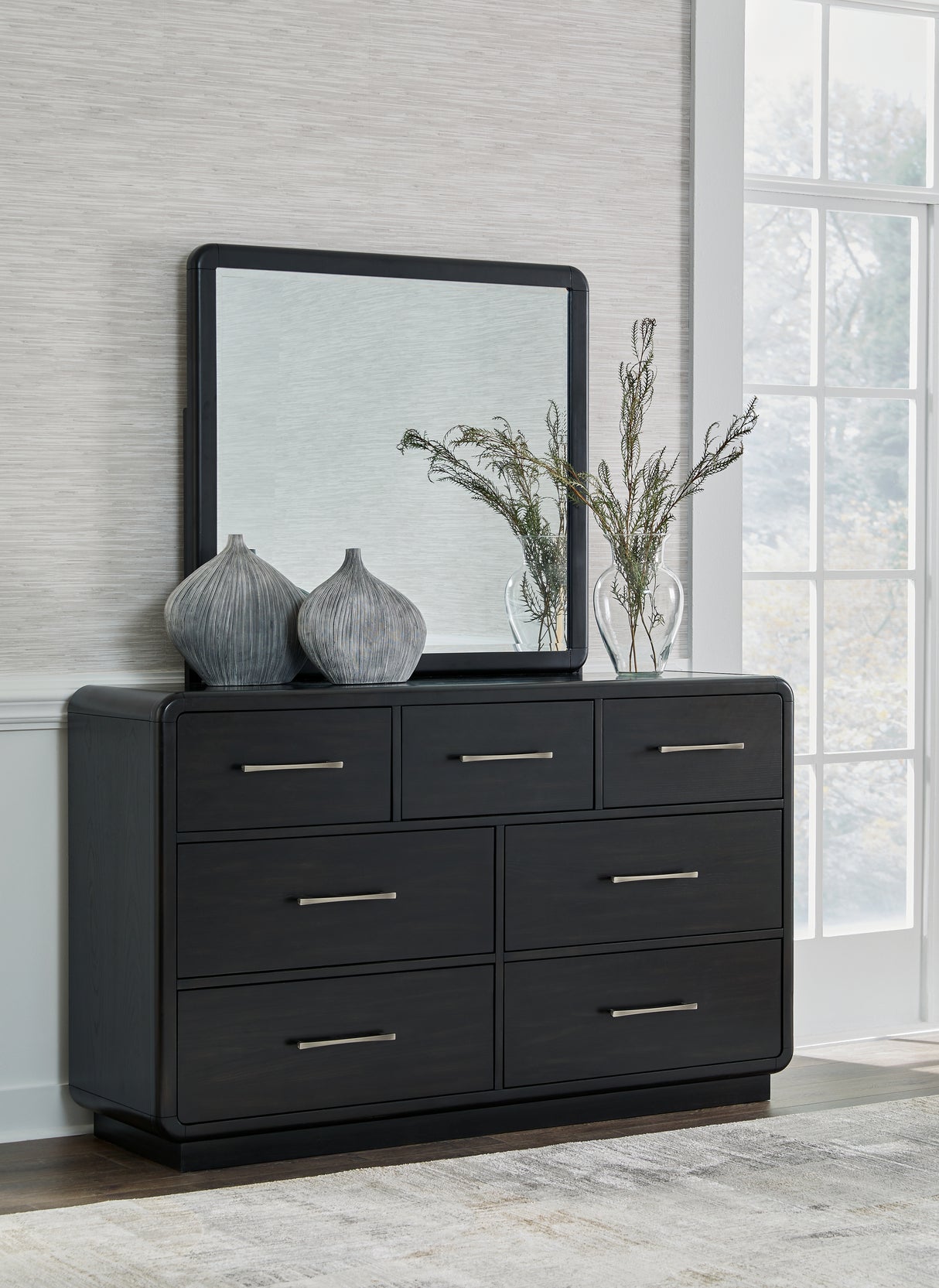 Rowanbeck California King Upholstered Panel Bed with Mirrored Dresser in Gray/Black - PKG018802