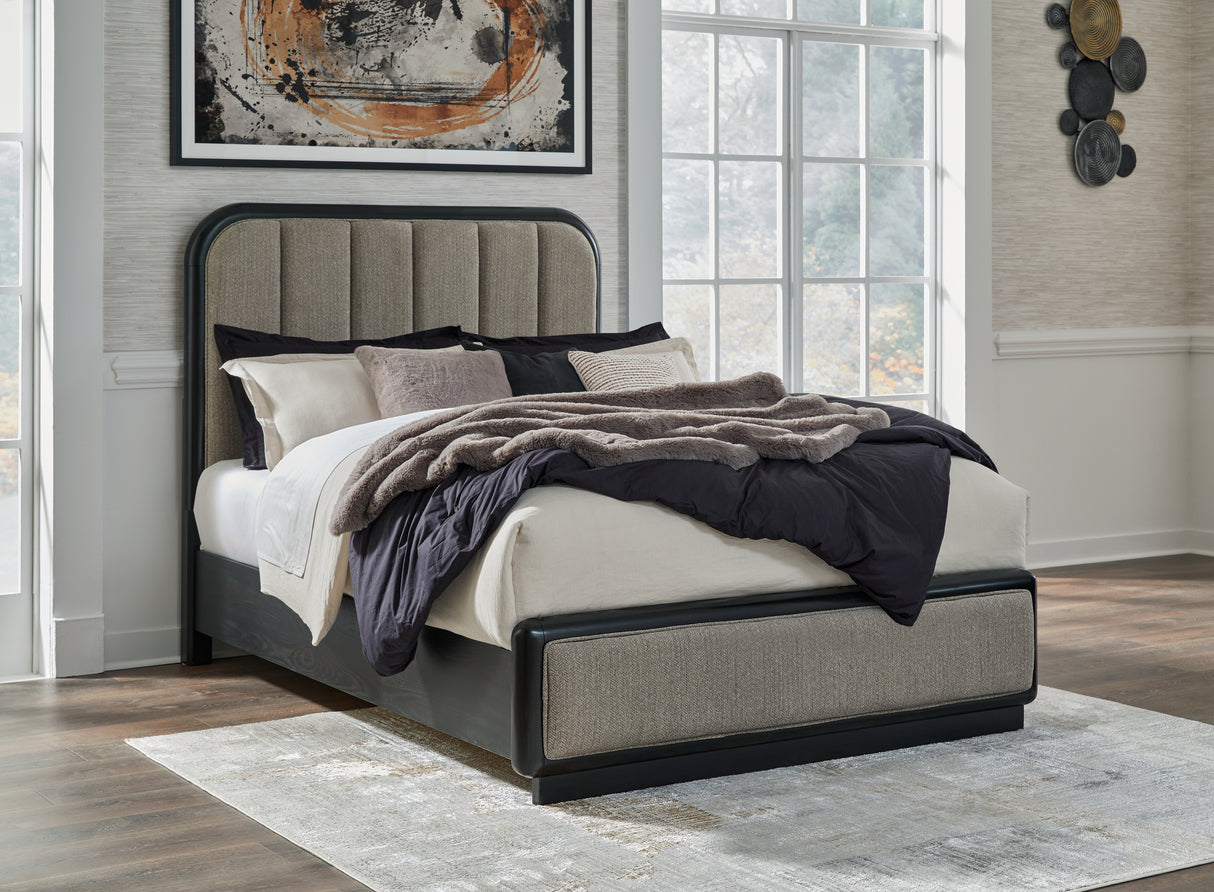 Rowanbeck Queen Upholstered Panel Bed with Dresser in Gray/Black - PKG018796