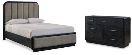 Rowanbeck Queen Upholstered Panel Bed with Dresser in Gray/Black - PKG018796