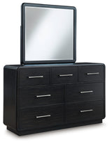 Rowanbeck Queen Upholstered Panel Bed with Mirrored Dresser and Chest in Gray/Black - PKG018794