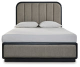 Rowanbeck Queen Upholstered Panel Bed with Mirrored Dresser and Chest in Gray/Black - PKG018794