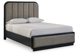 Rowanbeck Queen Upholstered Panel Bed with Mirrored Dresser and Chest in Gray/Black - PKG018794