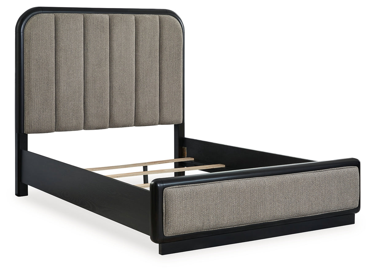 Rowanbeck Queen Upholstered Panel Bed with Mirrored Dresser and Chest in Gray/Black - PKG018794