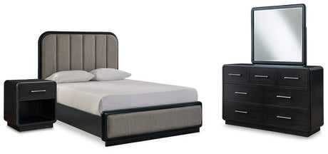 Rowanbeck Queen Upholstered Panel Bed with Mirrored Dresser and Nightstand in Gray/Black - PKG018793