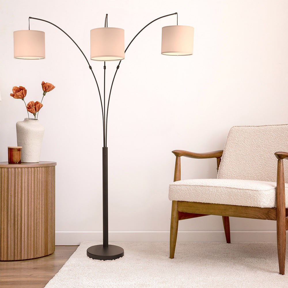 Royal 3-Arm Metal Arc Floor Lamp, Oil Rubbed Bonze with Linen Shade, 4 way Rotary Switch - FLL03701501